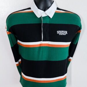 H&M Stranger Things Rugby Shirt Mens Medium Green Black Striped Long Sleeve Polo